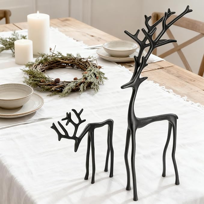 2 Pcs Christmas Reindeer Figurines Decor Xmas Tabletop Ornaments Black Deer Statue Ornament Imitation Metal Christmas Reindeer Statues for Living Room Patio Home Office Garden Backyard Decoration