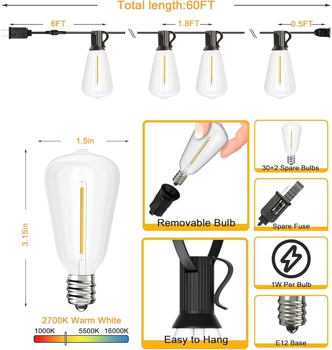 Svater Outdoor String Lights 60 FT, Patio Light Waterproof 32 LED Bulbs | Shatterproof ST38 Edison Bulb, Hanging Lighting Connectable For Outside Bistro Cafe Market Porch, Dimmable 2700K