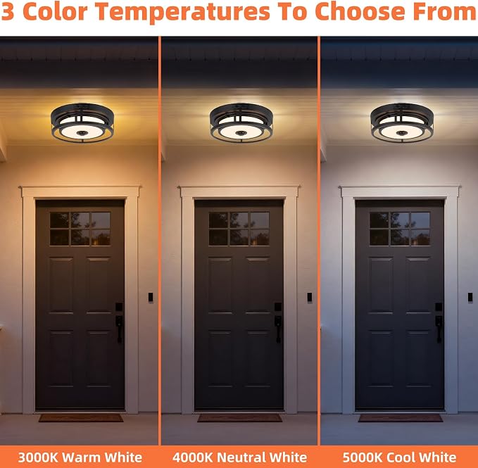 12 Inch LED Motion Sensor Outdoor Ceiling Light Black 2 Pack | Flush Mount Outdoor Ceiling Lights 3CCT 3000K/4000K/5000K Dusk to Dawn Anti-Bug Waterproof for Porch Garage Entryway
