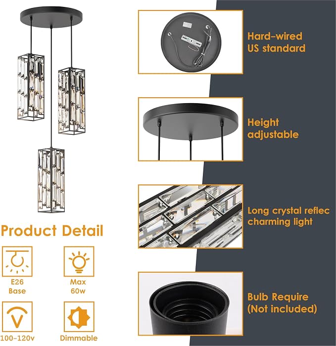 Modern 3-Light Crystal Pendant Light Fixture Kitchen Island, Black | Mini Crystal Chandeliers, Height Adjustable Cord, Ceiling Hanging Lighting for Kitchen Island Dining Room Bedroom