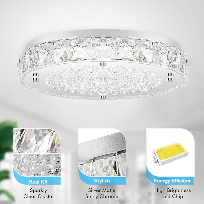Crystal Flush Mount Ceiling Light, LED Chandeliers Light Fixture 19-Inch, 5000K Daylight White Super Bright 5000LM Dimmable Farmhouse Kitchen Lighting Modern Ceiling Lamp for Bedroom Bathroom Nursery