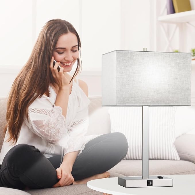 Lynnoland 21" Set of 2 Table lamp with USB A+C & AC Outlets, Touch Control 3-Way Dimmable Nightstand Lamps for Bedroom Living Room Office Reading, Gray Shade Touch Lamps, 5000K LED Bulbs Included