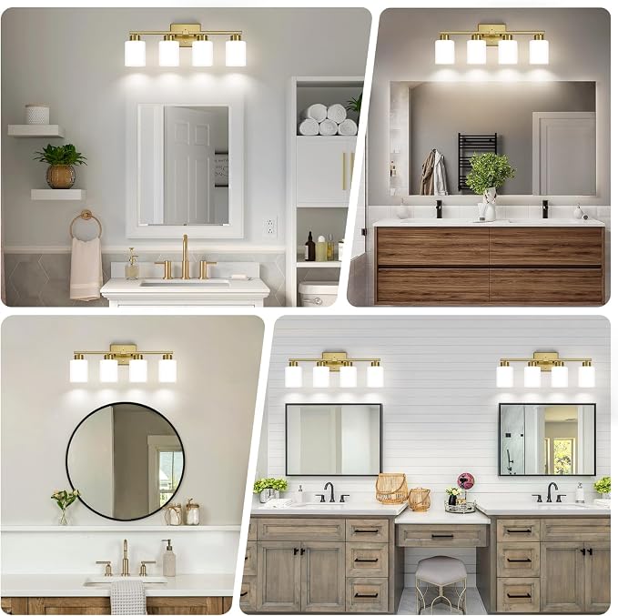 FonmYim Brushed Gold Bathroom Light Fixtures Vanity Lights Over Mirror | Modern 4-Light lighting fixtures for bathroom with Milky White Frosted Glass Shades, E26 Socket (Bulbs Not Included)