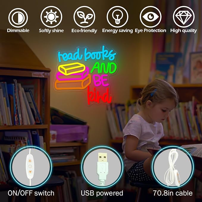 Read Books And Be Kind Neon Sign Reading Led Sign for Classroom Wall Decor Dimmable Colorful Books Neon Light for Library Decor Birthday Gifts For Students Teacher