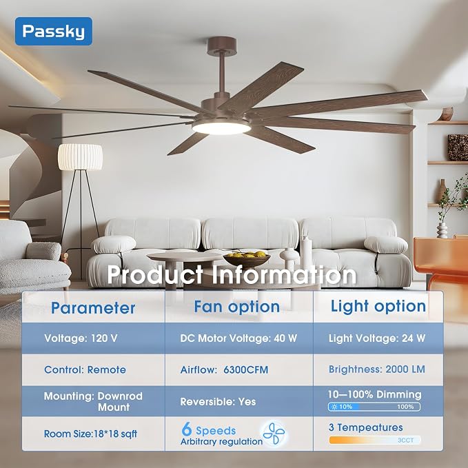 80 Inch Ceiling Fans with Lights and Remote, Brown Modern Ceiling Fan | Reversible DC Motor, Timer, 3CCT, Dimmable, Quiet, Ceiling fan For Living Room, Patio Farmhouse, Indoor/Outdoor