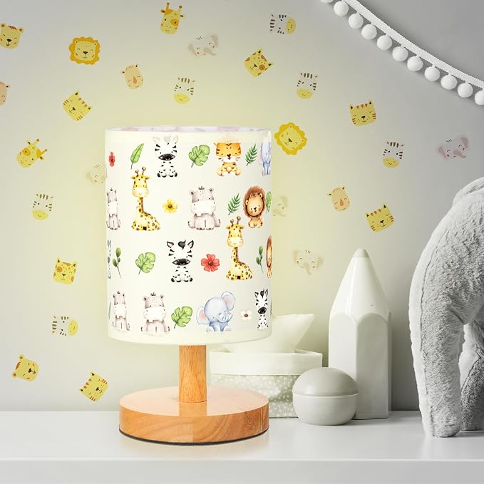 Safari Animal Kids Table Lamp for Bedroom Kids Bedside Lamp with Linen Wooden Nightstand Cartoon Nursery Lampshade for Girls Boys Living Room