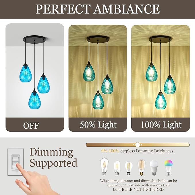 Blue 3-Light Pendant Lighting, Modern Dining Room Light Fixture Over Table with Hammered Glass, Cluster Hanging Lights for Kitchen Island Dining Room
