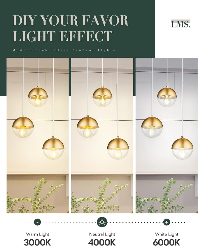 Brushed Gold 3-Light Cluster Pendant Lights, Modern Dining Room Light Fixtures Over Table with Clear Globe Glass, Adjustable Hanging Cord Ceiling Light for Dining Room Kitchen Island, LMS-186BGC3