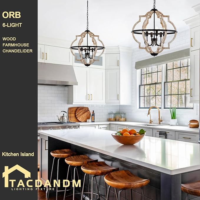 Farmhouse Chandelier for Dining Room Vintage Rustic Oak Distressed White 23'' 6-Light Wood Pendant Lighting Globe Hanging Ceiling Light Fixtures for Entryway Foyer Kitchen Living Room