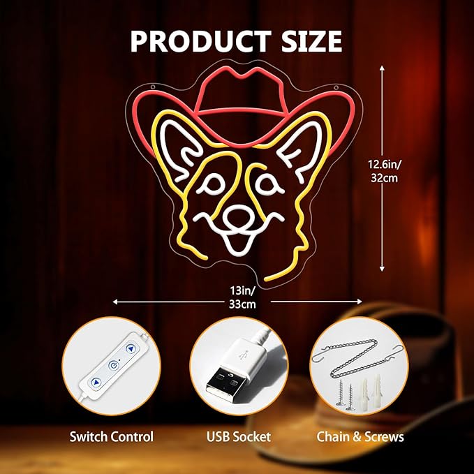 Corgi Neon Signs for Wall Decor, Cute Dog Neon Sign Dimmable Cowboy Hat Neon Light Sign for Pet Shop Bedroom Party Decor, Animal LED Light Up Sign for Birthday Christmas Gifts Boys Girls