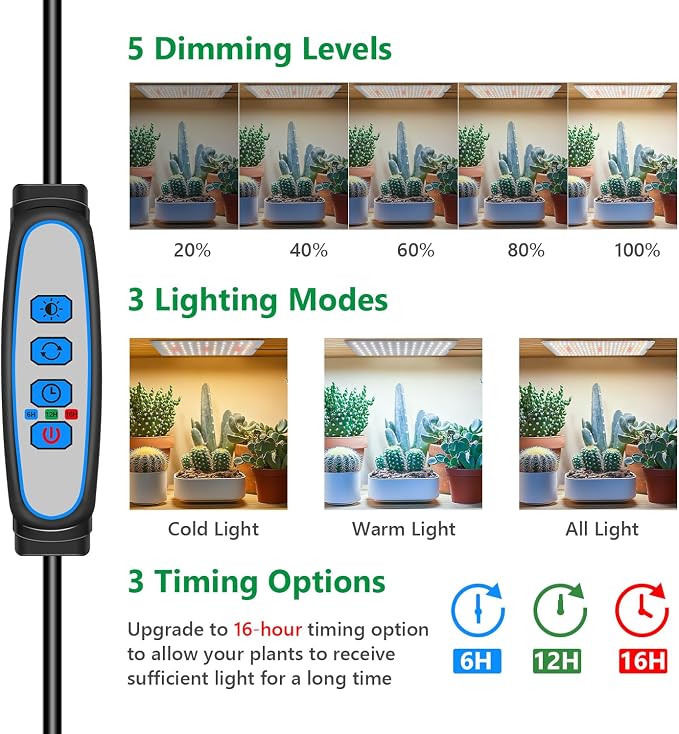 Aumtrly Seed Starting Grow Light, 552 LED Full Spectrum Plant Lamp 4 Panel | for Indoor Plants Growing, 6/12/16H Auto Timer, 5 Dimming Levels, 3 Light Modes, 2 Installation Methods, Use Under Shelves