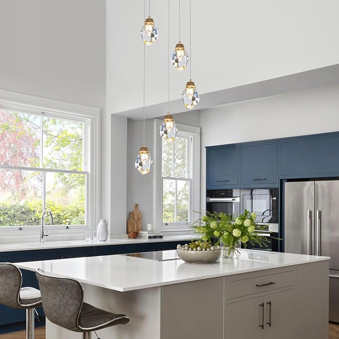 Dimmable Brass Gold Crystal Pendant Light - Modern 5-Light Diamond Chandelier for Kitchen Island, Dining Room, Hallway, and Bathroom