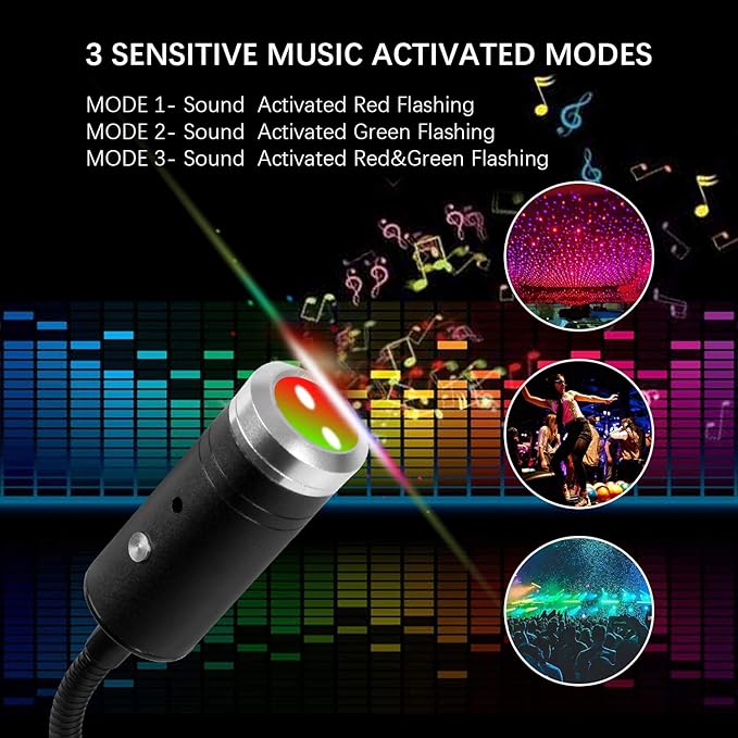 USB Star Light Sound Activated Projector, 3 Colors + 9 Lighting Effects, Aevdor Auto Roof Star Romantic USB Night Light for Bedroom, Car, Party, Ceiling and More- Plug and Play (Red & Green)
