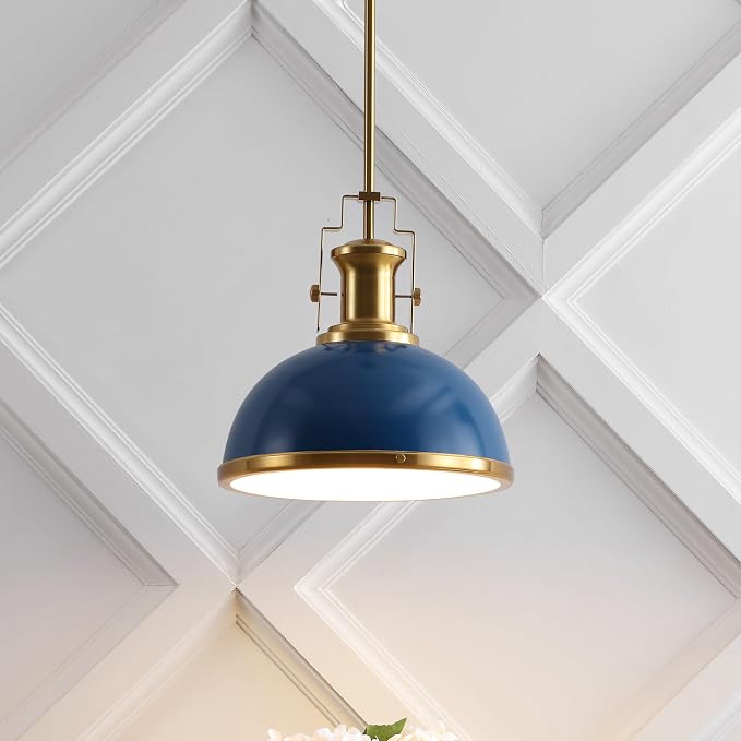 JONATHAN Y Homer Industrial Dome Pendant 13", Navy/Brass Gold | 1-Light, Farmhouse Style, Adjustable Hanging Height, Glass Diffuser, Sloped Ceiling Compatible, Metal, LED Bulb Included