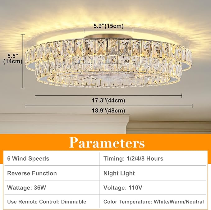 Fandelier Ceiling Fan with Lights and Remote Control Dimmable Crystal Ceiling Fan LED 3 Color 6 Speeds Chandelier Fan Bedroom Kitchen Living Room