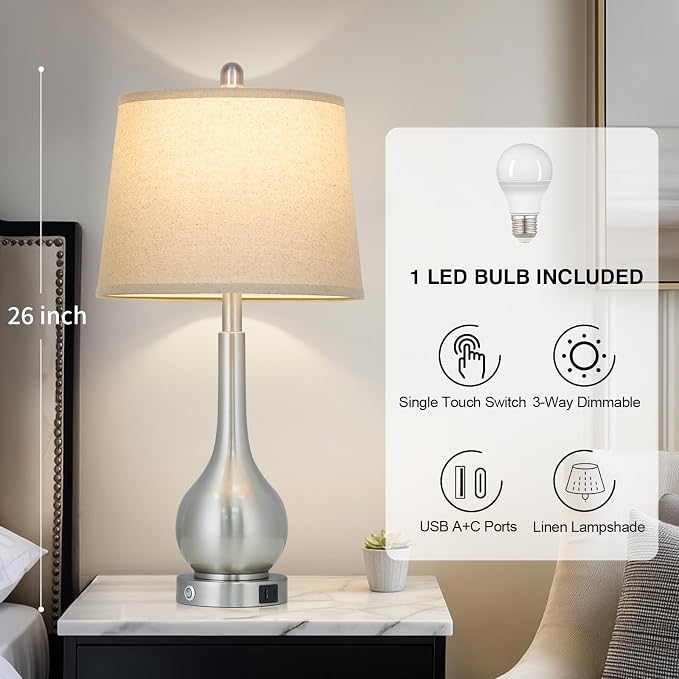 26" Silver Table Lamp for Bedroom, Touch Control Bedside Lamp for Nightstand with Charging Port, 3-Way Dimmable End Table Lamp for Living Room (1 Pack)