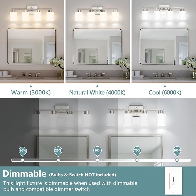 Brushed Nickel Bathroom Light Fixtures Vanity Lighting Over Mirror | 4-Light Modern Wall Sconces with Milky White Frosted Glass Shades for Restroom (E26 Socket)