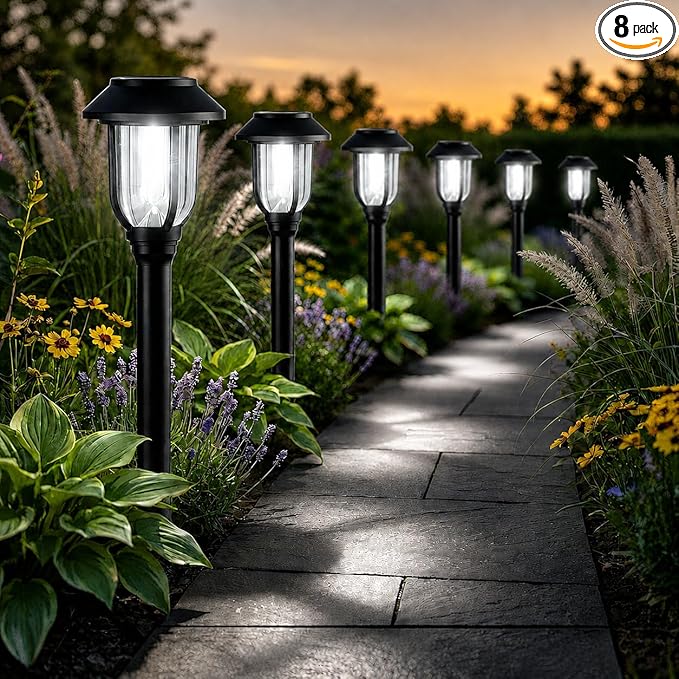 Solar Lights Outdoor 8 Pack, Cool White Solar Pathway Lights, Auto On/Off,Waterproof Solar Powered LED Landscape Lighting for Path Walkway Driveway Yard Garden Patio