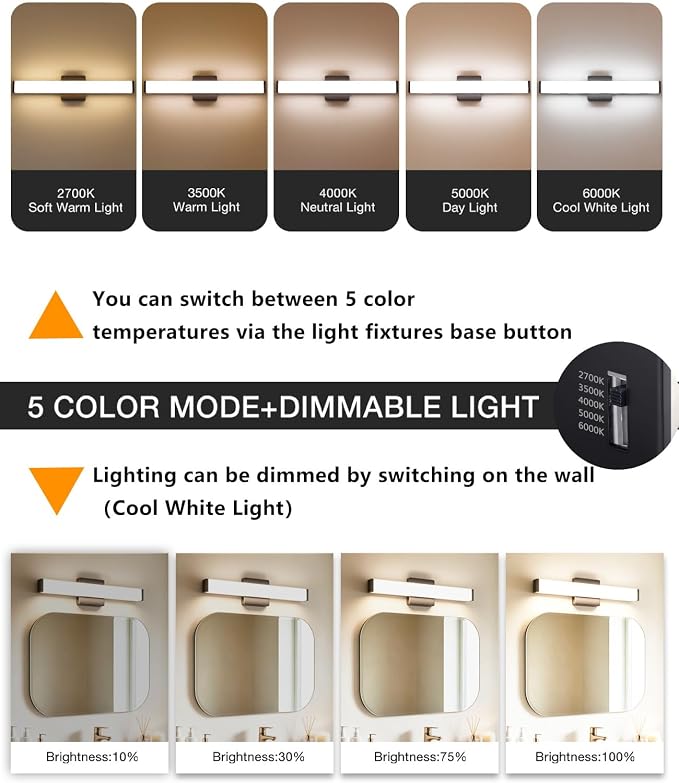 16" LED Bathroom Vanity Light, 10W 5CCT Dimmable, Brushed Black | Wall Bar Light, Rust & Moisture Resistant, Dimmable 2700K-5000K, Energy-saving, moisture-proof, Dresser Bathroom over Mirror