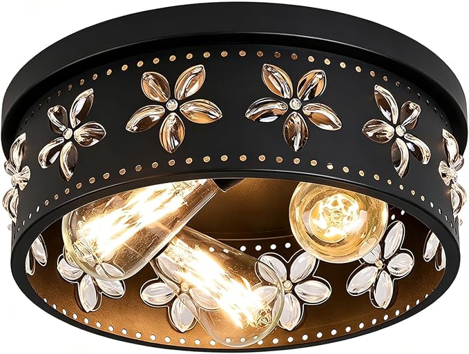 12.6 Inch Black Flush Mount Ceiling Light Fixture | 3-Light, Flower, Farmhouse, Kitchen, Dining Room, Bedroom, Living Room, Foyer, Entryway