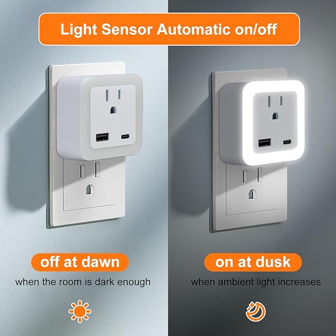 Night Lights Plug Into Wall 2 Pack Rechargeable Battery Backup Light Dusk to Dawn Sensor Night Light with Outlet Expander for Adults Kids Bedroom, Kitchen, and Bathroom (2, cool white, 5000K)