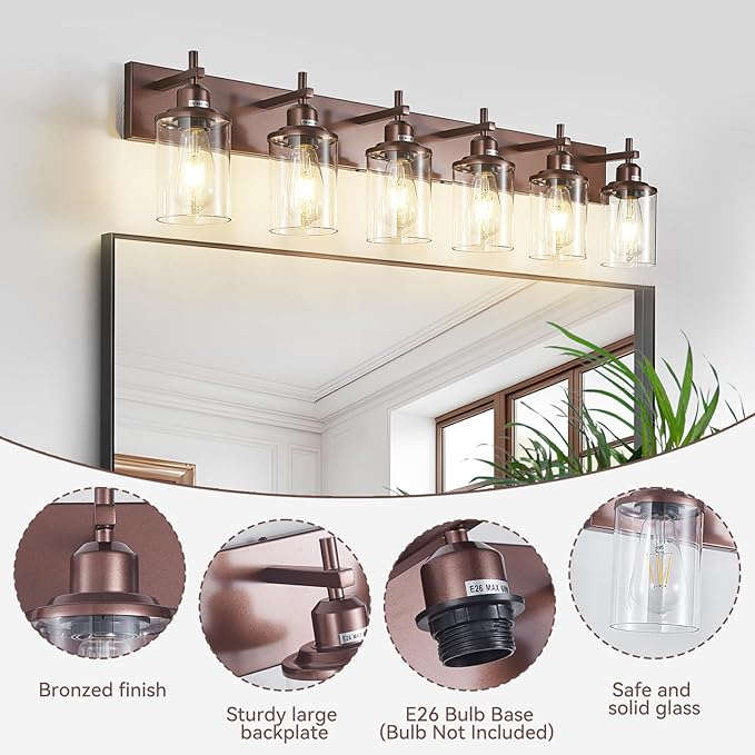 6-Light Bronze Bathroom Light Fixtures Over Mirror,Modern Bathroom Vanity Light with Clear Glass Shade, Wall Sconce for Bathroom Hallway Cabinet Bedroom Kitchen Living Room Foyer E26 Base