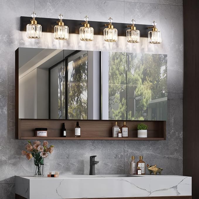 PRESDE Crystal 6 Light Bathroom Vanity Lights Black and Gold Bathroom Lights Fixtures Over Mirror Modern Bedroom Hallway