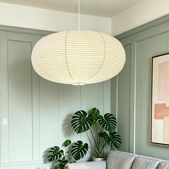 23.6'' Oval Boho Paper Lanterns for Great Room,Clip On Ceiling Light Cover | Light and Foldable, airy aesthetic,Natural Pendant Light Shade for Dining Area Living Room Hallway Bedroom Home Decor