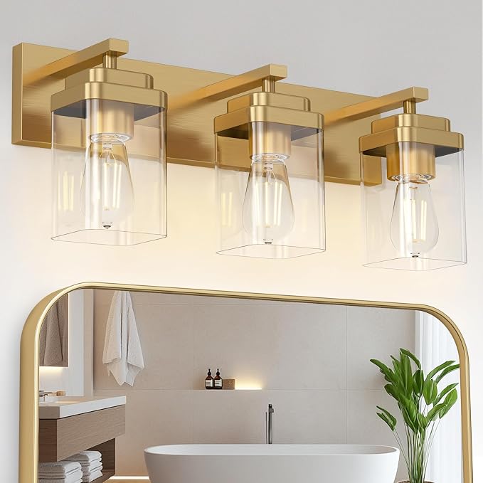 Brushed Gold Bathroom Light Fixtures, 3 Lights Bathroom Lighting Fixtures Over Mirror, Square Design & Rectangle Large Backplate, Modern Vanity Lighting Fixtures, for Living Room/Bedroom