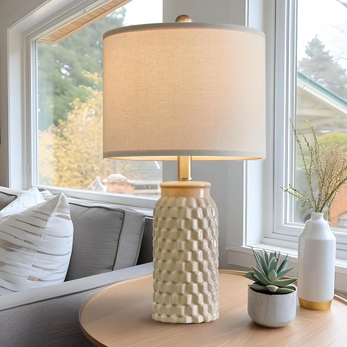USumkky 20.5" Ceramic Table Lamps Set of 2 - Modern Farmhouse & Boho Style, Bedside Nightstand Lamps for Bedroom, Living Room End Table Lamps, Small Desk Lamp(Cream)