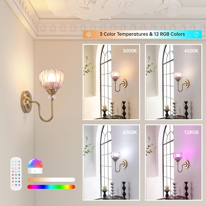 Set of 2 Vintage Battery Operated Wall Sconce, Rechargeable Wall Lamp with 5000mAh Battery & Remote Control, Dimmable Wall Lights with tulip shade for Bedroom Bathroom Living Room, (Tulip Pink Up)