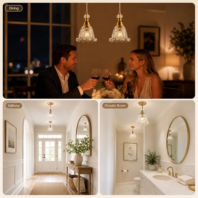 Vintage Pendant Lights Set of 2 Glass Kitchen Pendant Lighting over Island | Height adjustable,E26 base, work on different ceiling,Combined Ceiling and pendant,6.5in pendant lights for kitchen island