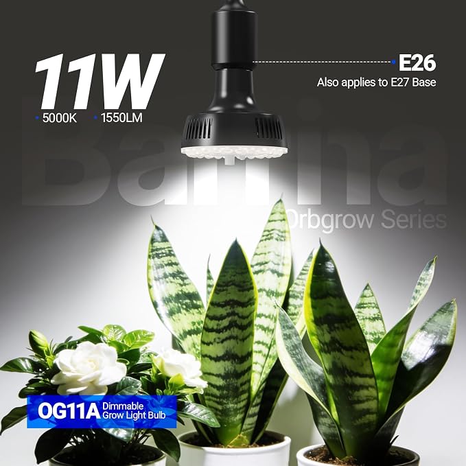 Barrina OG11A Grow Light Bulbs for Indoor Plant, 5000K 11W, 1 Pack, Black | Integrated Dimming & Timing, E26 Plant Light Bulb, Full Spectrum, High PPFD for Seeds and Greens
