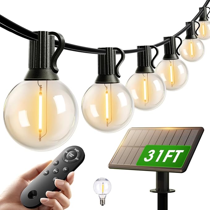 addlon 25FT 13LED Solar String Lights Outdoor Waterproof with Remote, USB | G40 Shatterproof Outdoor Lights, Dimmable Timer, 3 Modes, Solar Powered Patio Lights for Bistro Cafe Garden Camping Pergola