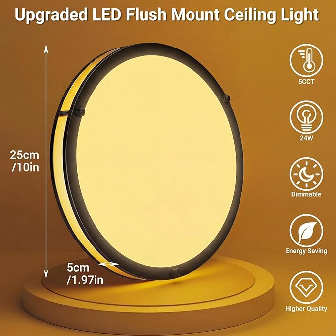 libtit 10Inch Flush Mount Ceiling Lights, 18W Dimmable LED Ceiling Light 3000K-6500K Adjustable, Black Lighting Fixture for Closet Kitchen Hallway Bathroom-2 Pack