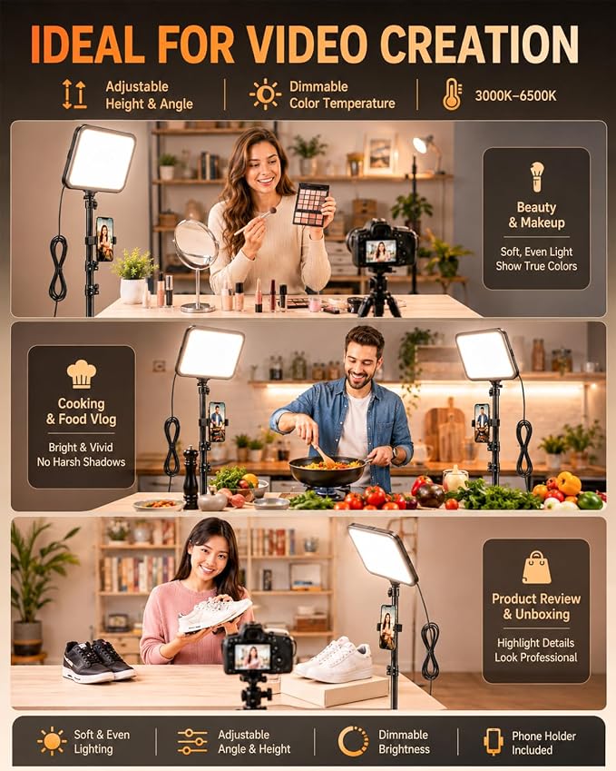 Torjim 12 Inch Video Light Kit for Creators | 30W High Brightness | Studio Lights with Tripod Stand & Phone Holder | 3000-6500K Adjustable Photography Lighting for YouTube Streaming Home Studio