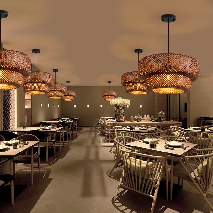 TeruTeru Ji Kaikang Bamboo Pendant Light,17.7" Brown Rattan Hanging Light | Boho Curry Bamboo Rattan Pendant Lights,Hand Woven Rattan Chandelier for Kitchen Island Dining Bedroom Living Room