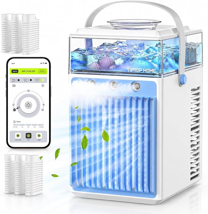 Portable Air Conditioners: 5 in 1 Mini AC Fan with 800ML Water Tank App Control Evaporative USB Powered Rechargeable Personal Cooling for Bedroom Night Light Office Desk Camping Tent Car