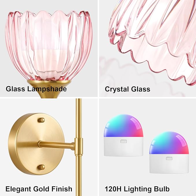 Vintage Battery Operated Wall Sconce Set of 2, Pink Tulip Glass Lampshade Wireless 5300 mAh Rechargeable Battery Powered LED Wall Light with Remote Dimmable for Bedroom Bathroom Living Room