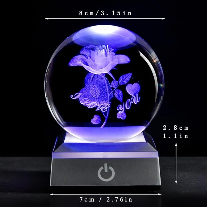 3D Laser Etched Rose Crystal Ball, I Love You Decor Glass Sphere Lamp Night Light, Crystal Rose Flower Figurines Collectibles Gifts for Mom Kids Women Girls