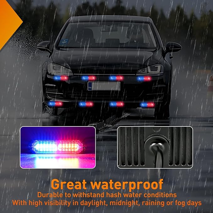 Nilight 8PCS Led Strobe Lights 12LED Red Blue Emergency Light 12V 24V Surface Mount Flashing Warning Hazard Beacon Ultra Slim Sync Feature Mini Grille for Cars Trucks Off Road Vehicles SUV