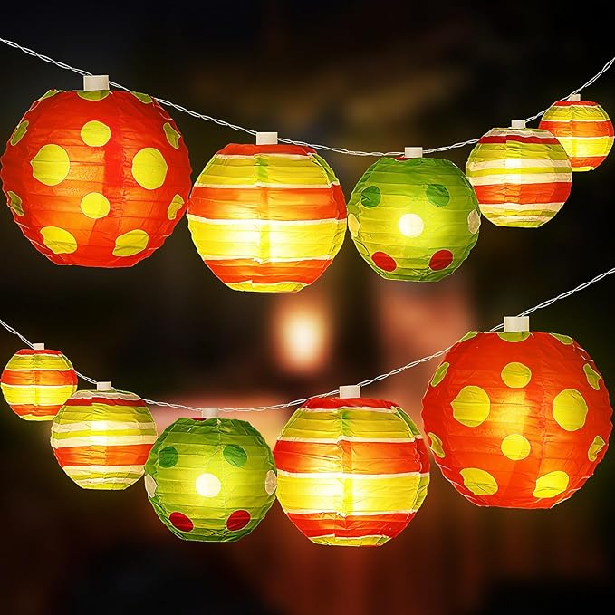 10 Pcs Christmas Paper Lanterns Red and Green Paper Lantern with LED Light 8.2 ft Christmas Hanging Ornament for Xmas Tree Decor Home Fireplace Porch Decoration Xmas Party Supplies