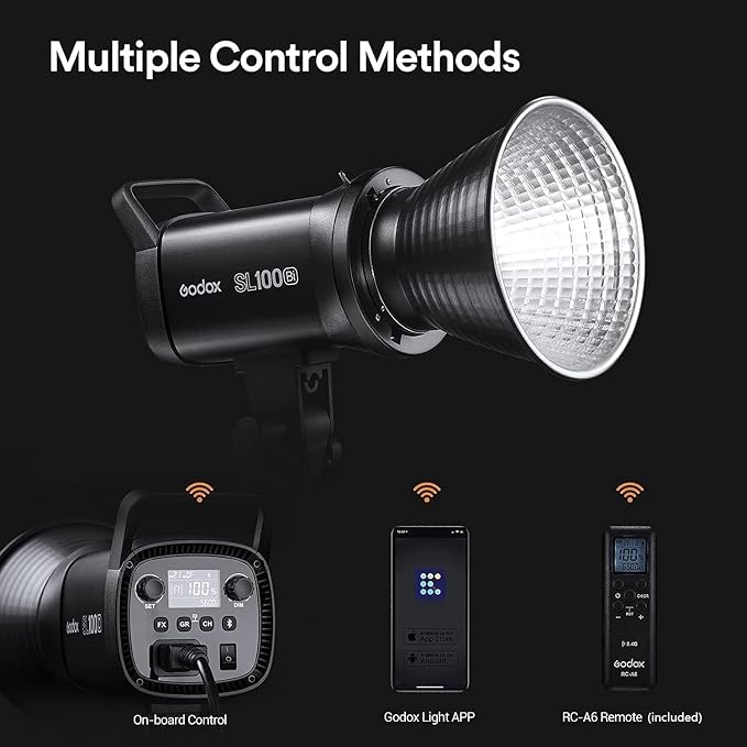 Godox SL100Bi 100W Bi-Color LED Video Light – 32,100 Lux@1M, 2800K-6500K, CRI 96+, TLCI 97+, Bowens Mount, 11 FX, App & Remote Control, Silent Studio Bright Lighting for Video & Photography