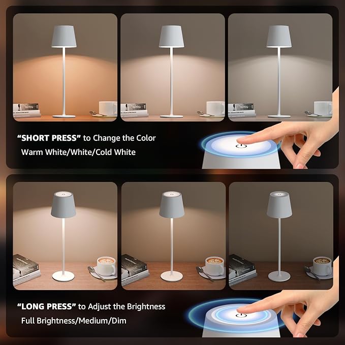 uuffoo 3 Pack Cordless Table Lamp Rechargeable 5000mAH Battery Operated Lights Touch Control LED Portable Desk Lamps 3 Color Dimming for Outdoor Coffee Bedroom Kitchen (White)