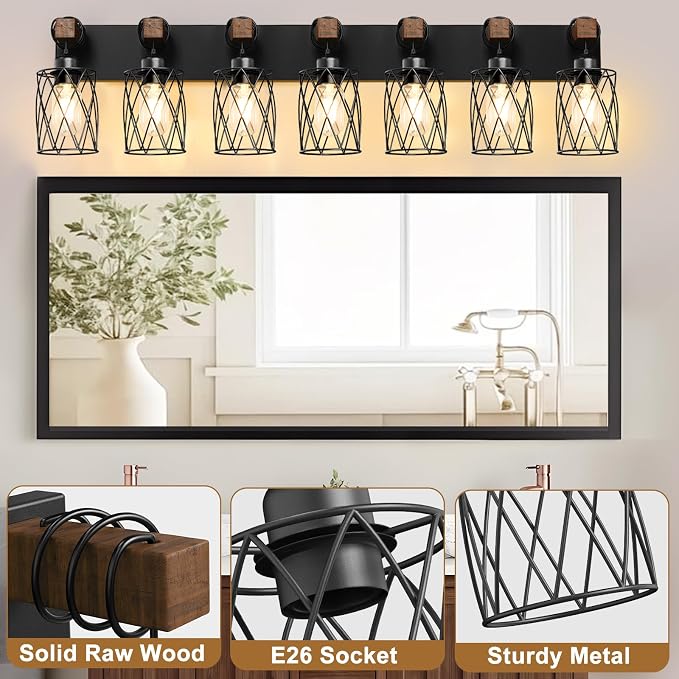 IZORRO Farmhouse Bathroom Vanity Light, 7-Light Wood Bathroom Light Fixtures Over Mirror, Black Industrial Vanity Lights with Metal Shade, Rustic Restroom Lighting Fixtures