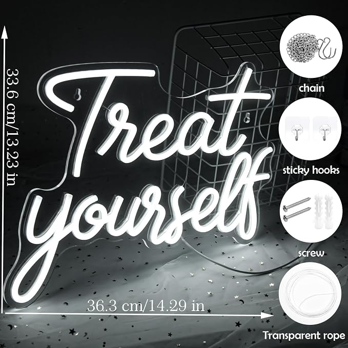 Treat Yourself Neon Sign LED Neon Sign for Wall Decor Bedroom Office Vanity | Dimmable LED Treat Yourself Sign for Beauty Salon, Boutique, Makeup Room, Dorm, Bedroom, Party, Vanity & Teen Girls Room