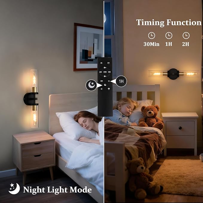 Shenmoyl Battery Operated Wall Sconces Set of Two,21" Black & Gold Rechargeable Wall Lighting Fixtures, Dimmable Wall Lights with Remote & Clear Glass Shade for Living Room,Bathroom,Bedroom