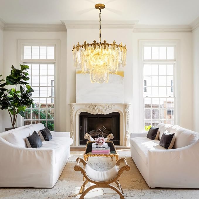 Antique Chandelier 3-Tier Glass Crystal Chandeliers, 9-Lights Gold Round Pendant Light 23.6" Brushed Brass Adjustable Height, Applicable to Dining Room, Bedroom, Living Room, Foyer, Kitchen