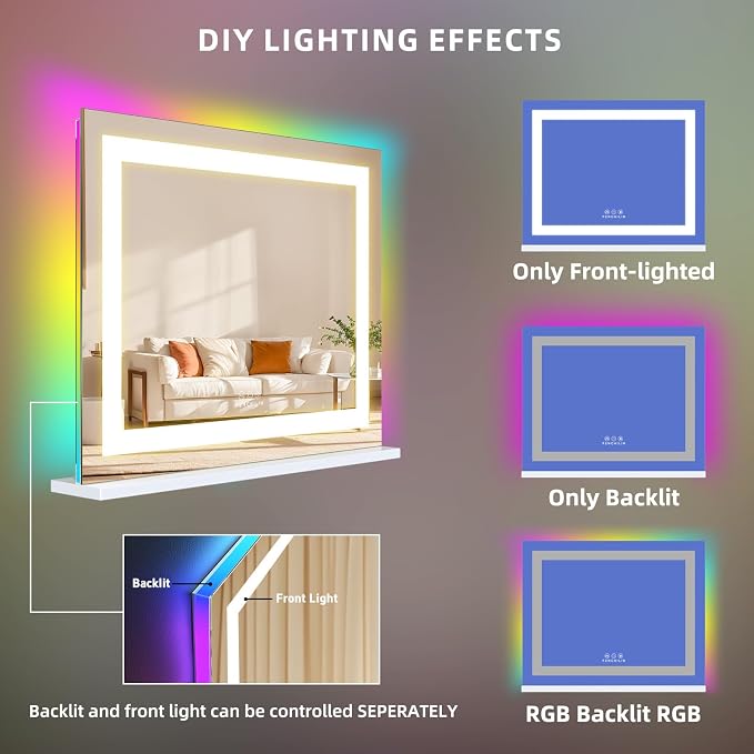 FENCHILIN Vanity Mirror with Lights, 23" x 18" RGB Backlit + Front Lit Hollywood Makeup Mirror LED Strip with 3 Colors Modes Smart Touch for Dressing Room & Bedroom Tabletop White