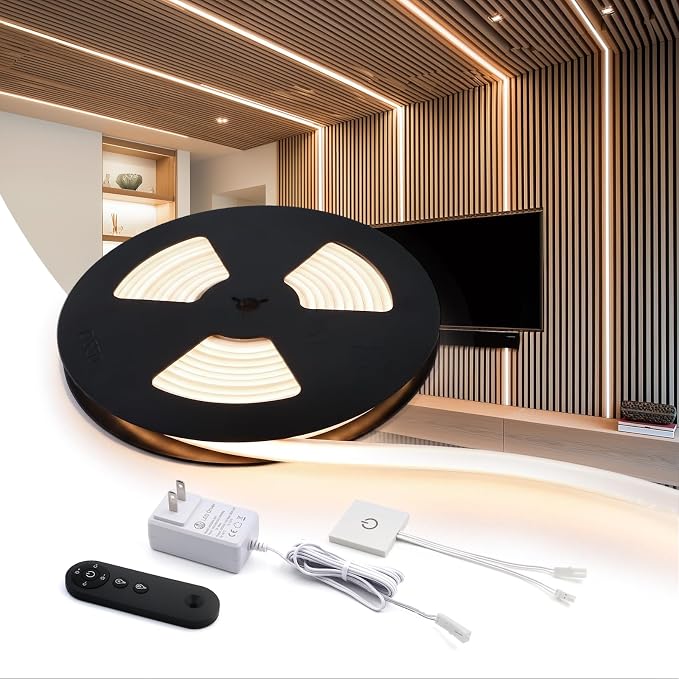 VST 16.4ft Silicone Recessed LED Strip for Wood Slat Wall Panels, 24V | 2700K-6500K Tunable White, CRI 90+ Dot-Free, RF Remote & Touch Control, Cut-to-Fit, Quick Connectors, Dual Mount